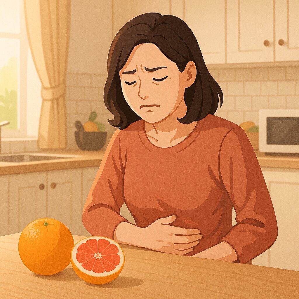공복에 감귤류 과일을 먹는 장면