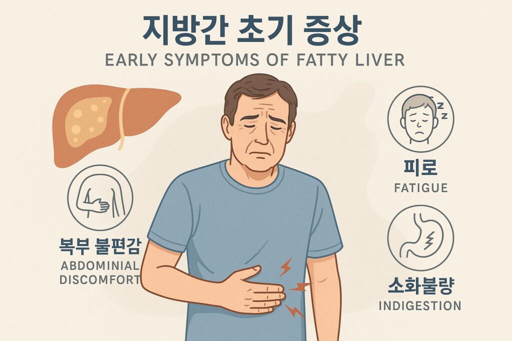 지방간 초기 증상 예시: 복부 불편감, 피로, 소화불량