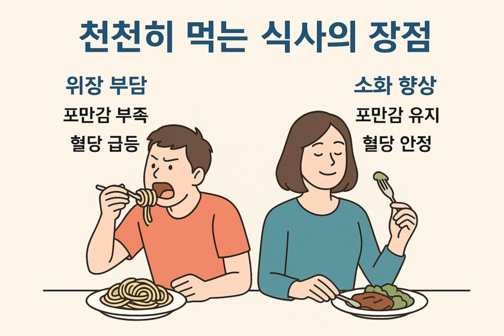 천천히 먹는 식사의 효과를 설명하는 이미지