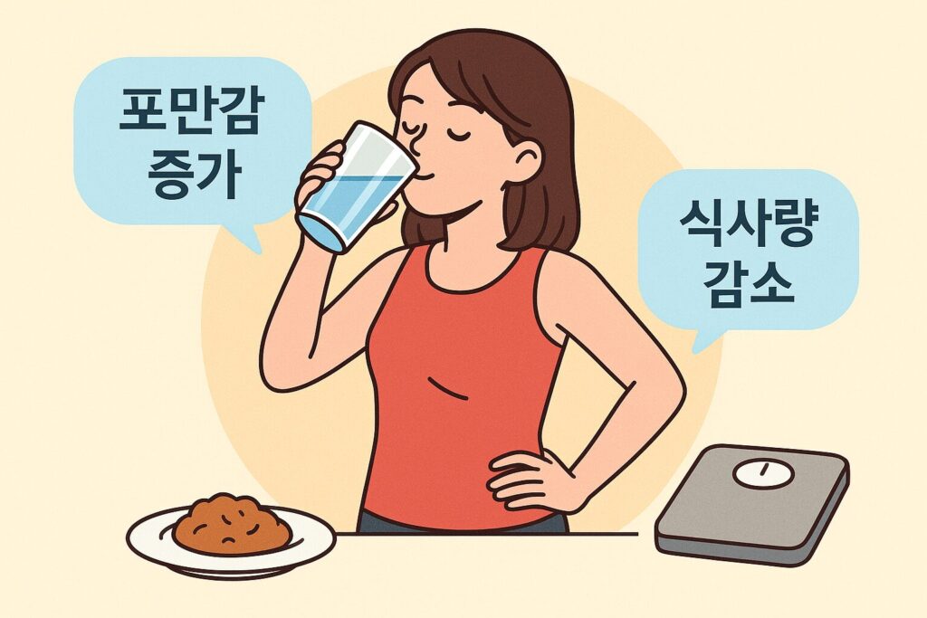 다이어트를 위해 식사 전 물을 마시는 여성과 포만감 증가, 식사량 감소 메시지