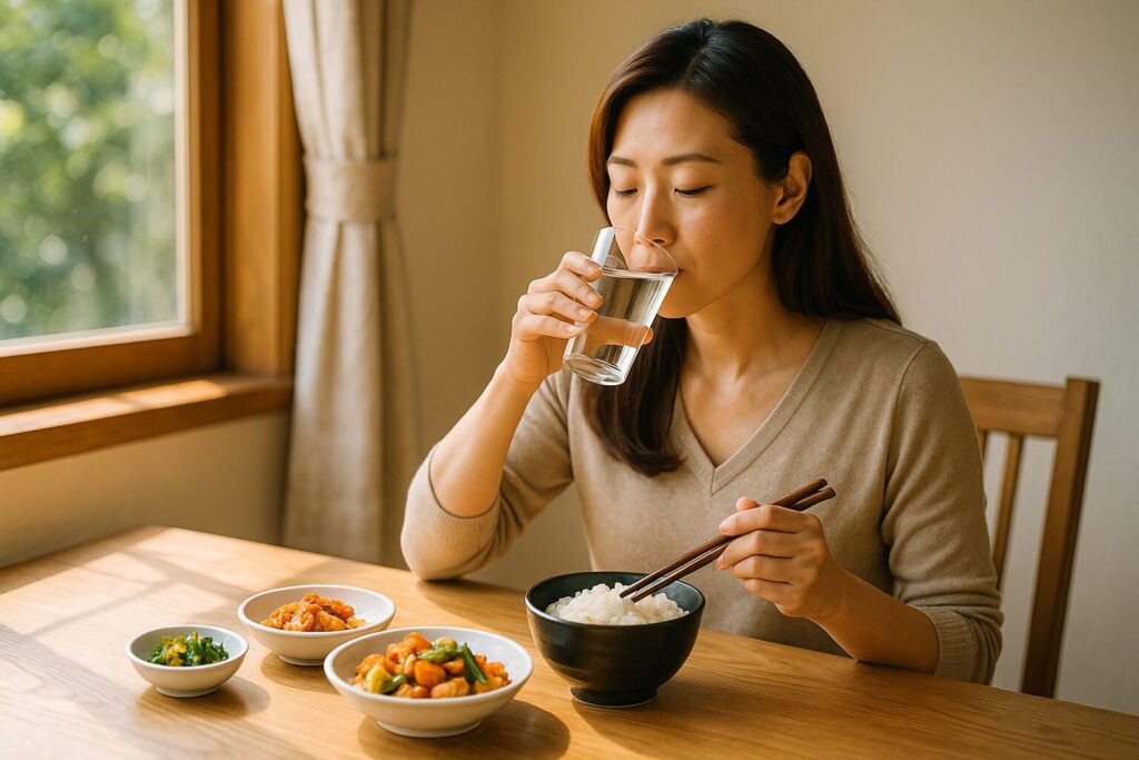 식사 중 물을 마시는 여성의 자연스러운 모습