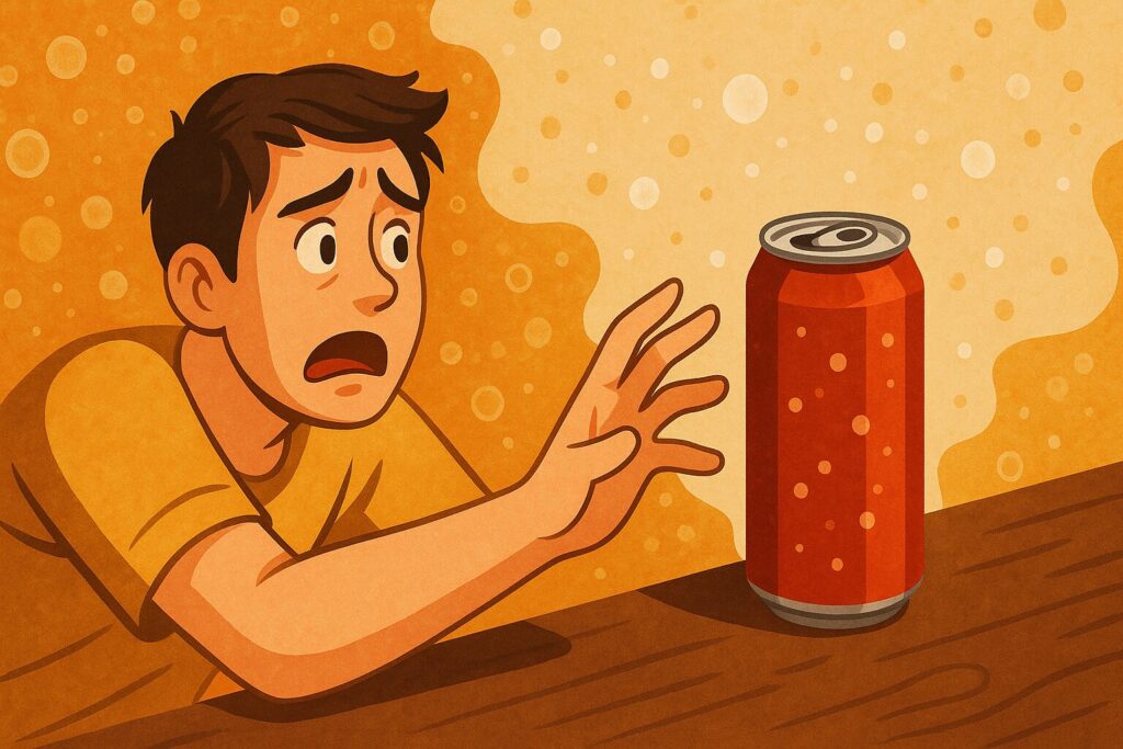 탄산음료를 마시고 싶어 손이 캔을 잡는 장면